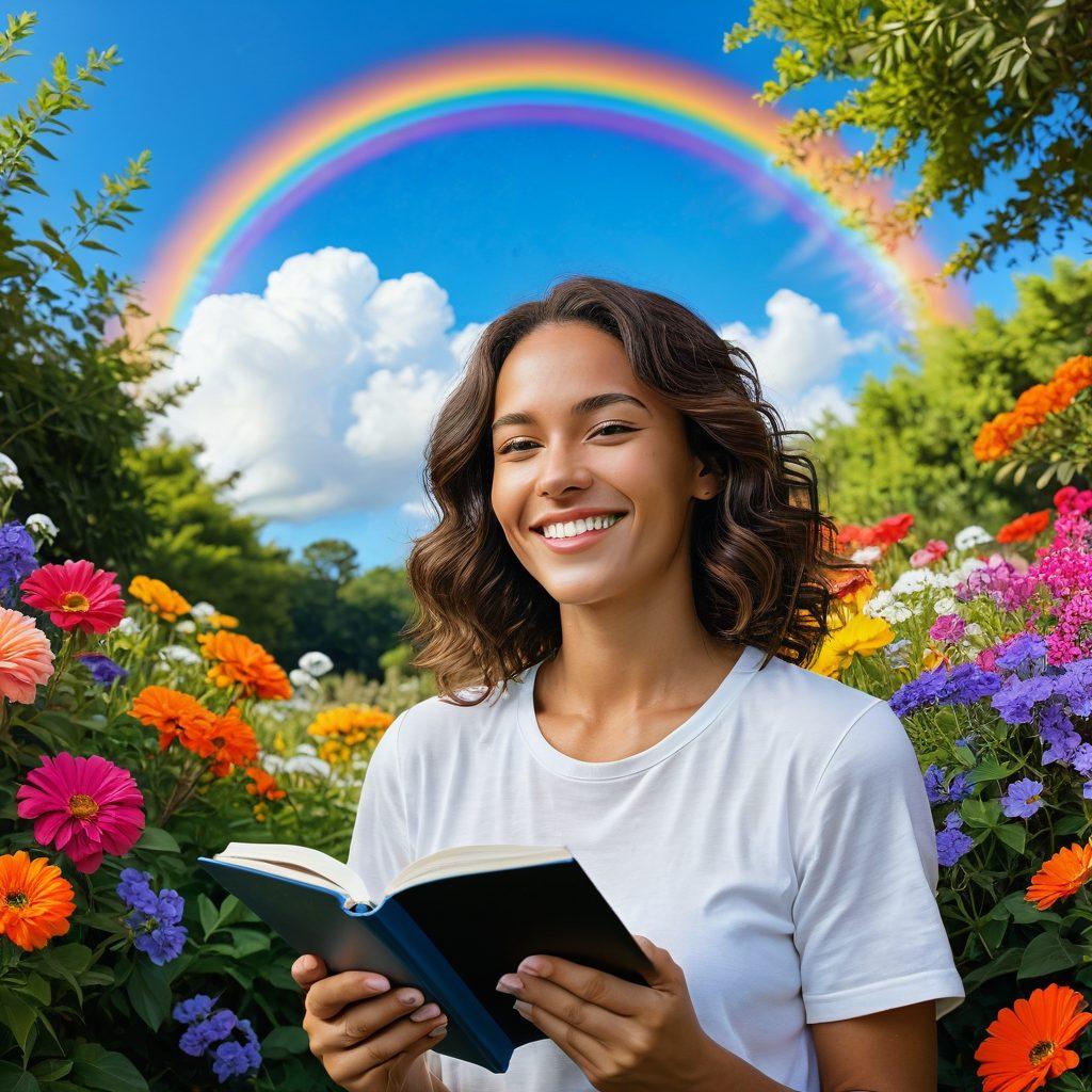 An illustration of Alicia, a joyful woman surrounded by vibrant, blooming flowers and gentle sunlight, symbolizing her gratitude and mental wellness. Include a serene background with a clear blue sky, fluffy clouds, and a rainbow to signify optimism. Alicia can be holding a gratitude journal and exuding a warm, radiant smile. painting. vibrant colors.