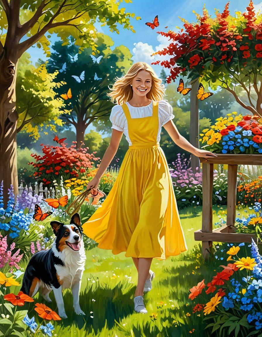 A radiant woman with a beaming smile, surrounded by vibrant, colorful flowers and sunshine. She's embracing the open air in a serene garden, with butterflies fluttering around. The scene is filled with elements that evoke a sense of happiness, such as a playful dog, a picnic basket, and a child blowing bubbles. painting style. vibrant colors. whimsical and lively atmosphere.