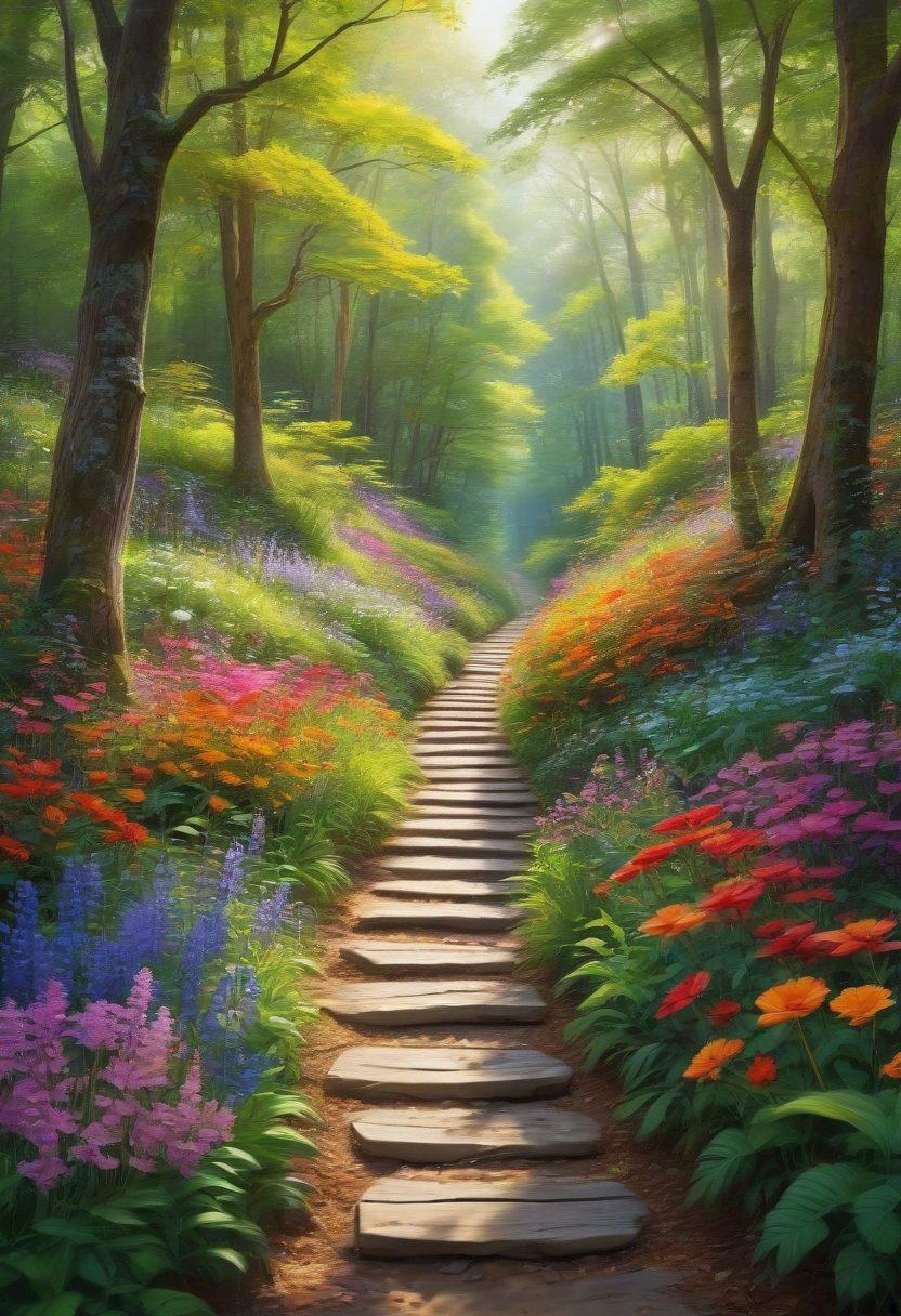 A serene path winding through a vibrant forest filled with blooming flowers and chirping birds, with Alicia happily walking, radiating joy. Captivating rays of sunlight filter through the trees, creating a whimsical atmosphere. Super-realistic. Vibrant colors. Peaceful and uplifting ambiance.